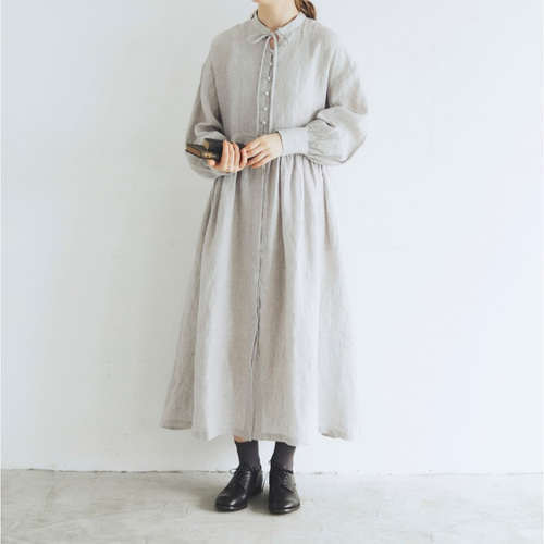 MAGALI マガリ☆シャンブレーリネン比翼ギャザーワンピース ライトグレー☆ 予約販売＞シャンブレーリネン・比翼ギャザーワンピース／ライトグレー