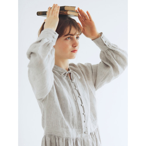 MAGALI マガリ☆シャンブレーリネン比翼ギャザーワンピース ライトグレー☆ 予約販売＞シャンブレーリネン・比翼ギャザーワンピース／ライトグレー