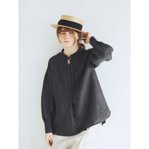 MAGALI シャンブレーリネン ファーマー プルオーバー 定価19000円 リボン 長袖シャツ ブラック マガリ 5-0715M 263790 MAGALI シャンブレーリネン ファーマー プルオーバー 定価19000