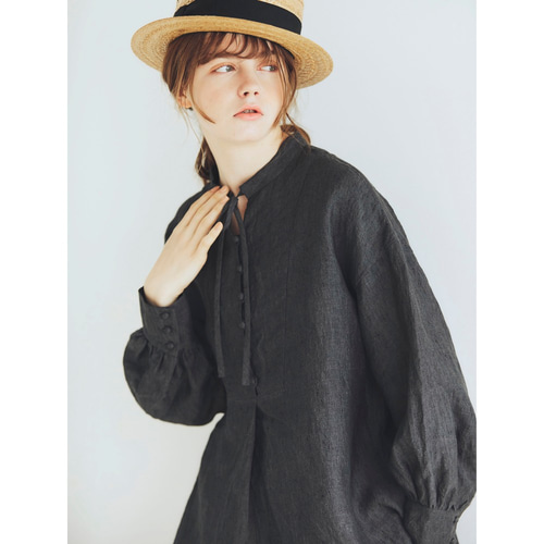 MAGALI シャンブレーリネン ファーマー プルオーバー 定価19000円 リボン 長袖シャツ ブラック マガリ 5-0715M 263790 MAGALI シャンブレーリネン ファーマー プルオーバー 定価19000
