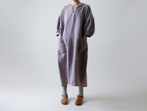 タックスリーブ・リネン・ワンピース/グレイッシュ・ラベンダー  