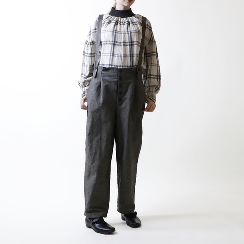 フレンチリネン＆コットン・サスペンダー・パンツ／グレー ロング  