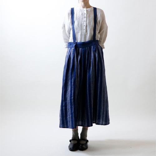 フレンチストライプリネン・サスペンダースカート/ネイビー ロング  