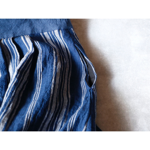 フレンチストライプリネン・サスペンダースカート/ネイビー ロング  