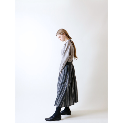 フレンチストライプリネン・サスペンダースカート/チャコール ロング  