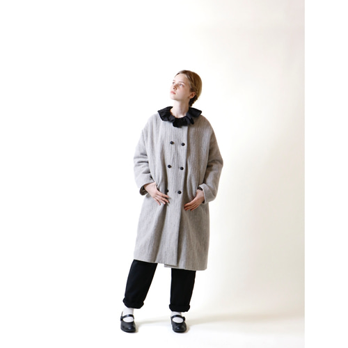 ウールリネン・ヘリンボーン・ダブルボタン・コート／グレー コート