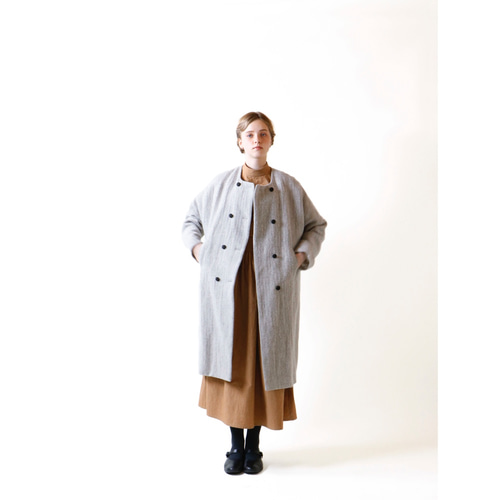 ウールリネン・ヘリンボーン・ダブルボタン・コート／グレー コート
