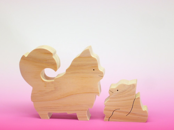 送料無料　木のおもちゃ　動物組み木　ポメラニアンの親子 2枚目の画像