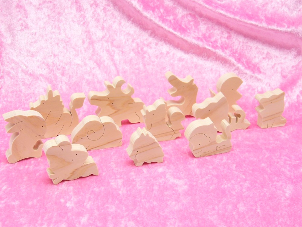 味わい深いハンドメイド 木製干支12支パズル置物セット 神戸作家手作り