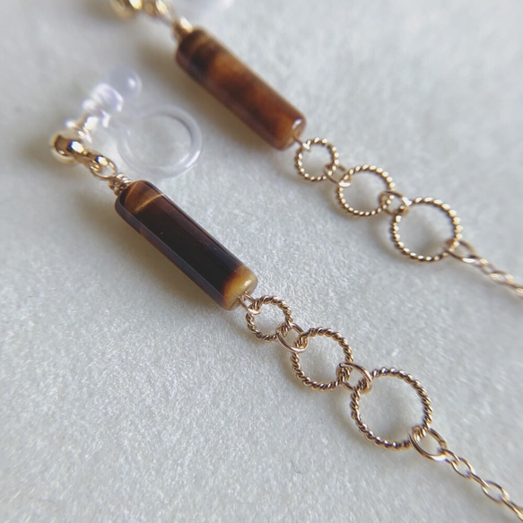 tiger eye column&long chain/樹脂ノンホール/14kgfピアス 2枚目の画像