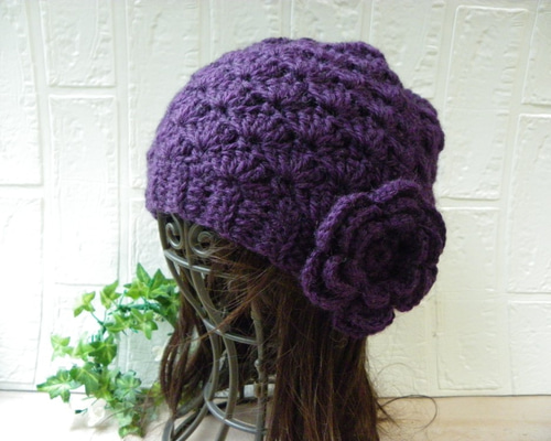 SIIILON 花柄刺繍 ニット帽　パープル SIIILON 花柄刺繍 ニット帽 パープル