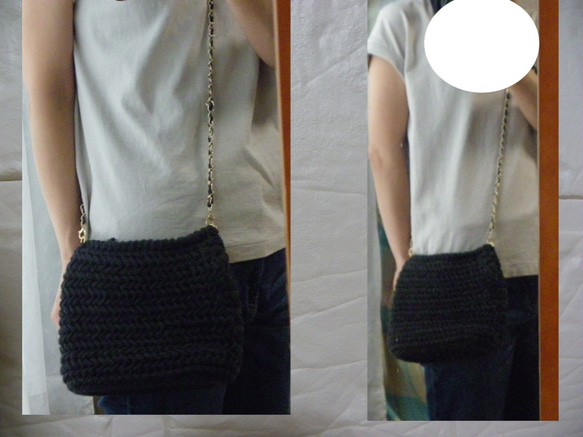 ヘリンボーン柄が可愛い手編みのショルダーバッグ♪　　編みバッグ　コットン　　内布付き 4枚目の画像