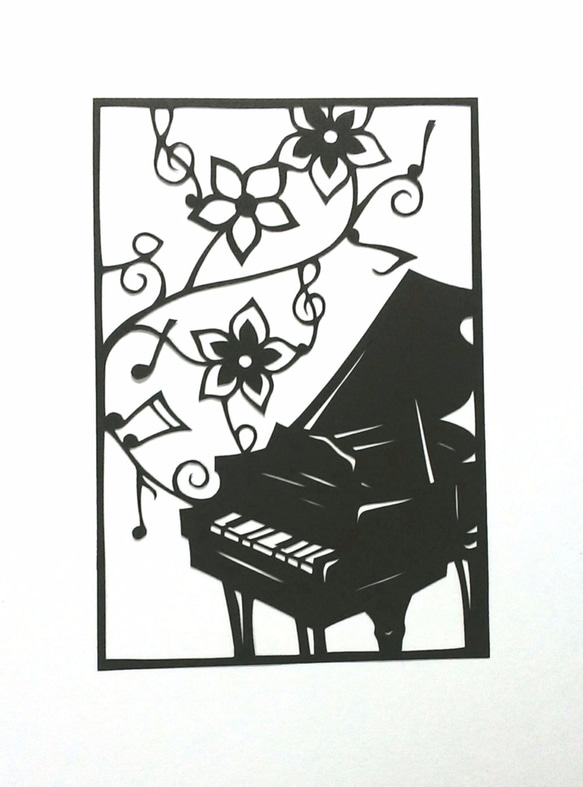 切り絵L判：ピアノと花 3枚目の画像