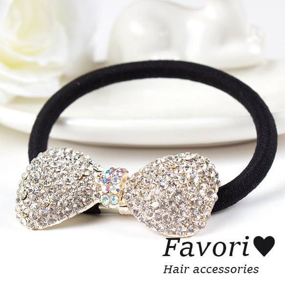 ヘアゴム326キラキラストーンと合金パーツの蝶々ヘアゴム中ぶり
