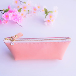 ✻ 桜ピンク ✻ 牛革 お舟形のペンケース 桜チャームつき ＊⑮