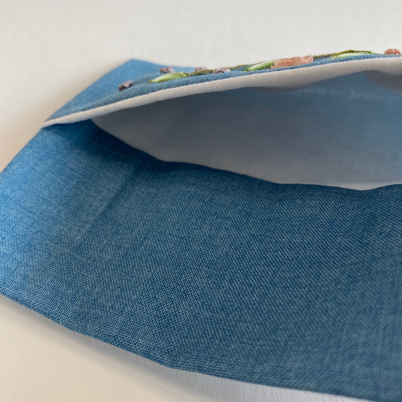 <難あり>リボン刺繍のポケットティッシュケース 青×グラデーション 4枚目の画像