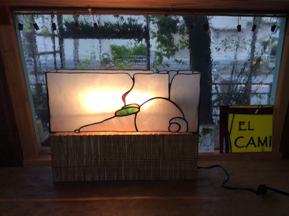 【一点物】照明 和紙風ガラス　檜を使ったステンドグラスのランプ 1枚目の画像