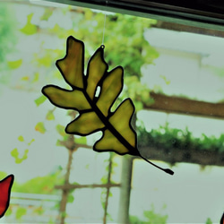 【受注製作】柏葉サンキャッチャーステンドグラス製窓辺を秋の装いインテリア落葉（モスグリーン) 3枚目の画像