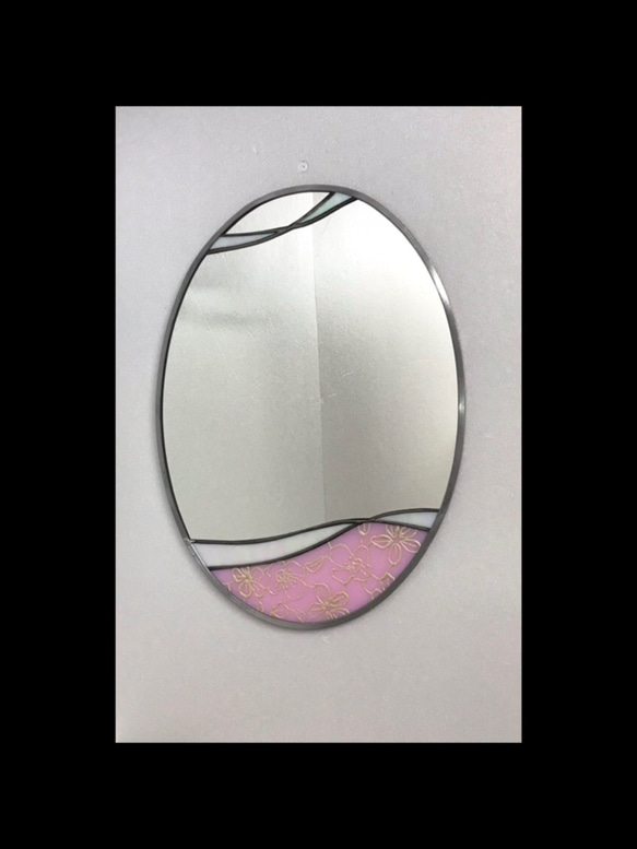 ミラー 鏡 楕円形 オーバル ピンク 花 フラワーアレンジ 1枚目の画像