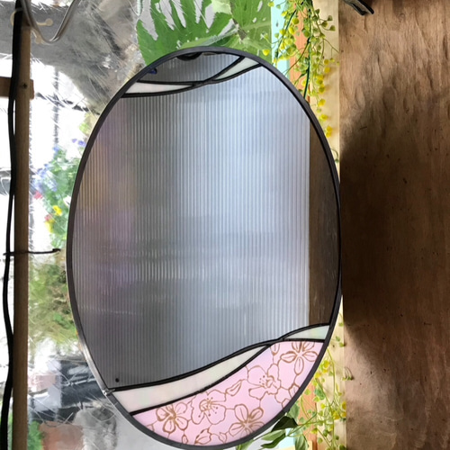 ミラー 鏡 楕円形 オーバル ピンク 花 フラワーアレンジ