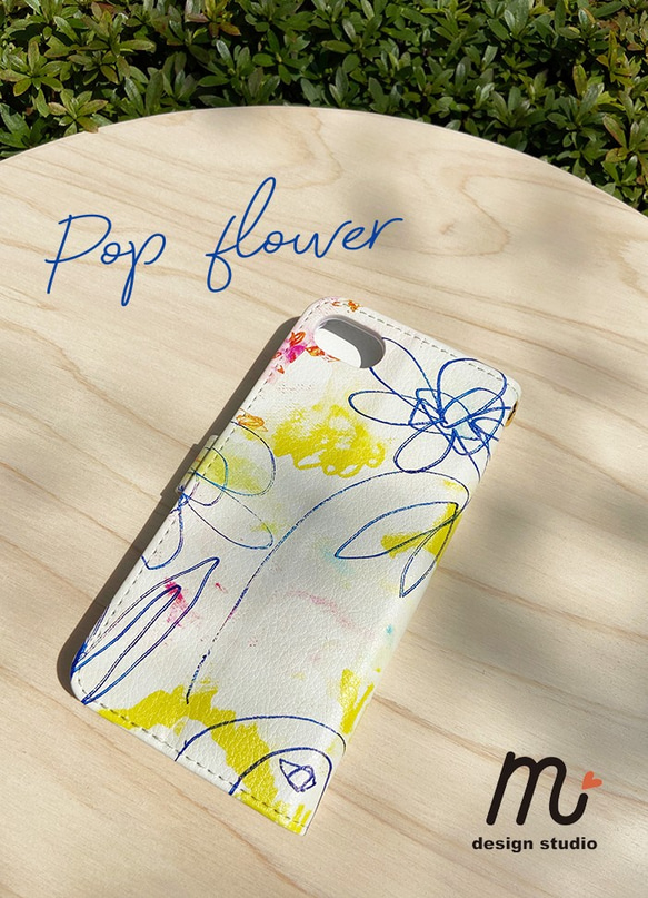 手帳型 iphoneケース  ＊POP Flower＊　手描きプリント 2枚目の画像