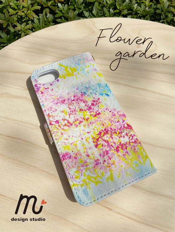 手帳型 iphoneケース  ＊Flower garden＊　手描きプリント 2枚目の画像