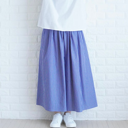 【爽快ブルーの播州織パンツ】　太青ストライプ　コットン　ゆったりギャザーパンツ　夏の暮らしに寄り添う服　ガウチョパンツ 2枚目の画像