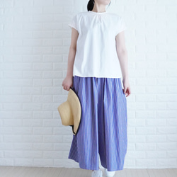 【爽快ブルーの播州織パンツ】　太青ストライプ　コットン　ゆったりギャザーパンツ　夏の暮らしに寄り添う服　ガウチョパンツ 3枚目の画像