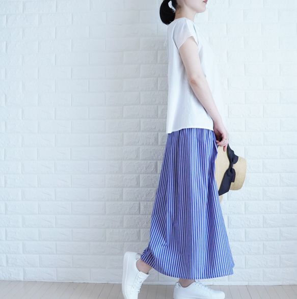 【爽快ブルーの播州織パンツ】　太青ストライプ　コットン　ゆったりギャザーパンツ　夏の暮らしに寄り添う服　ガウチョパンツ 4枚目の画像