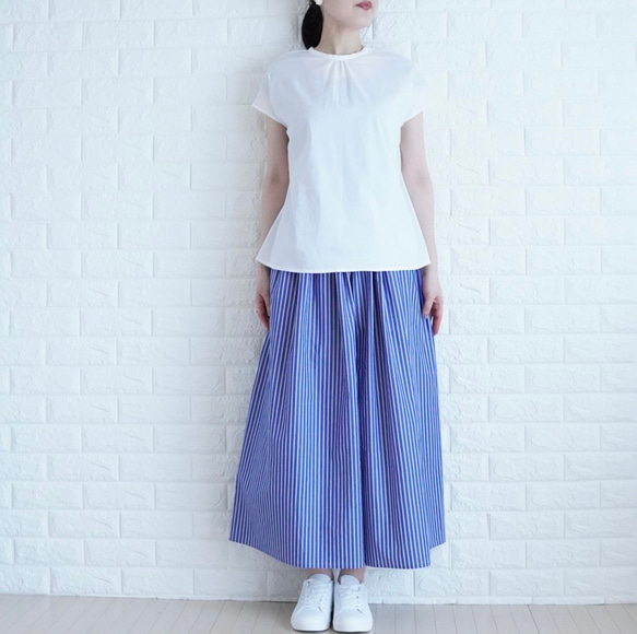 【爽快ブルーの播州織パンツ】　太青ストライプ　コットン　ゆったりギャザーパンツ　夏の暮らしに寄り添う服　ガウチョパンツ 5枚目の画像