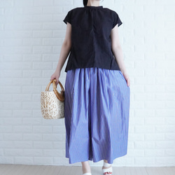 【爽快ブルーの播州織パンツ】　太青ストライプ　コットン　ゆったりギャザーパンツ　夏の暮らしに寄り添う服　ガウチョパンツ 6枚目の画像