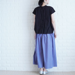 【爽快ブルーの播州織パンツ】　太青ストライプ　コットン　ゆったりギャザーパンツ　夏の暮らしに寄り添う服　ガウチョパンツ 8枚目の画像