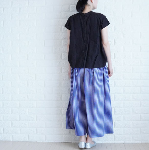【爽快ブルーの播州織パンツ】　太青ストライプ　コットン　ゆったりギャザーパンツ　夏の暮らしに寄り添う服　ガウチョパンツ 8枚目の画像