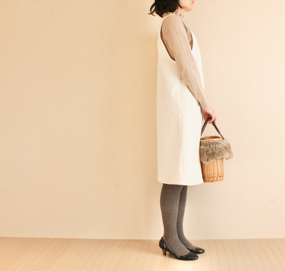 冬季流行燈芯絨V領Salopette跳線裙可穿米白色白色 第5張的照片