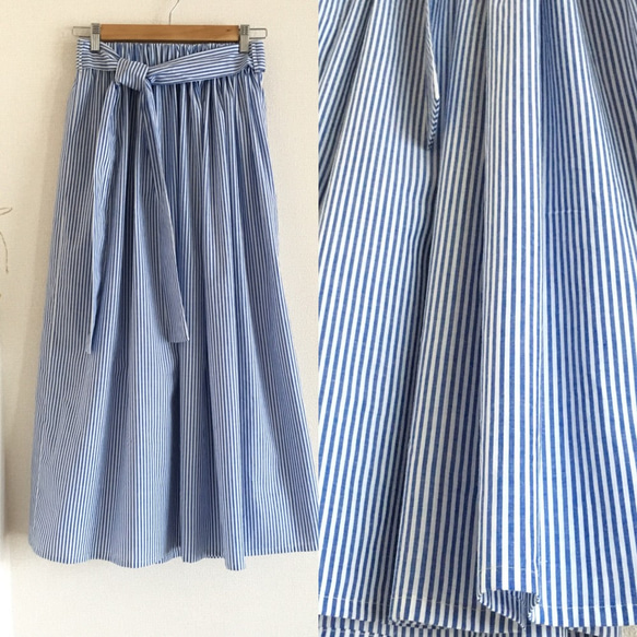 【セットアップ】播州織　さらりとした涼し気なストライプ  ロングスカート　ブラウス　青 5枚目の画像