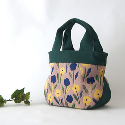 ボタニカルM　花柄　まるトート　深緑×ベージュ 1枚目の画像