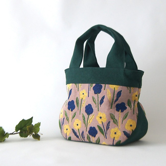 ボタニカルM　花柄　まるトート　深緑×ベージュ 1枚目の画像