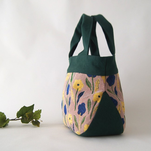 ボタニカルM　花柄　まるトート　深緑×ベージュ 2枚目の画像