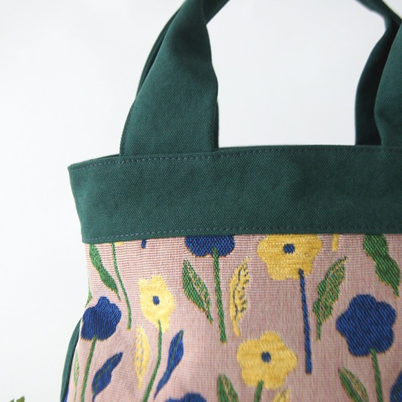 ボタニカルM　花柄　まるトート　深緑×ベージュ 3枚目の画像