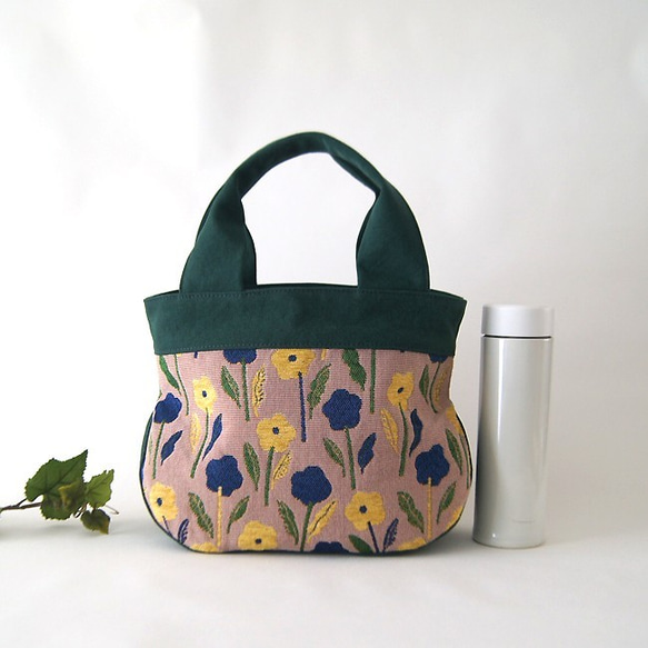 ボタニカルM　花柄　まるトート　深緑×ベージュ 4枚目の画像