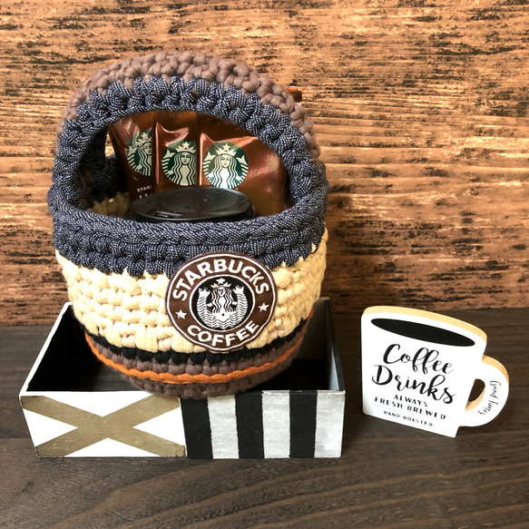 ズパゲッティ バスケットバッグ STARBUCKS モチーフワッペン デニム 茶 2枚目の画像