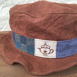 【大人58.5cm】手染めリネン100%・Picnic☆hat/パッチワーク(一点物) 2枚目の画像