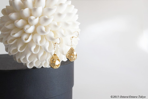 【14KGF】Earrings,Matt Gold Dotted Teardrop, White Pearl 1枚目の画像