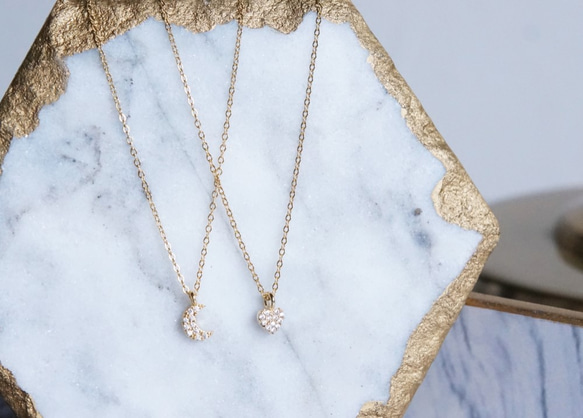 【14KGF】Tiny CZ Pave Necklace/Crescent Moon/Heart 3枚目の画像