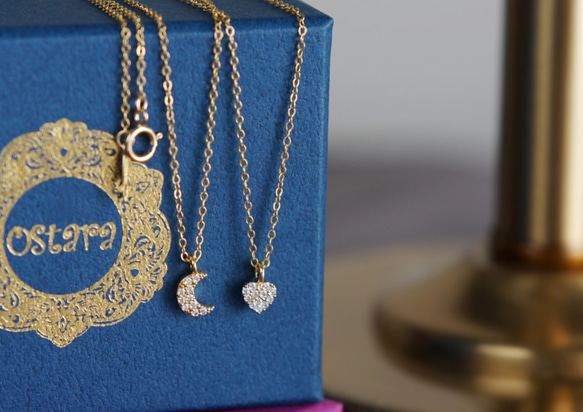 【14KGF】Tiny CZ Pave Necklace/Crescent Moon/Heart 4枚目の画像