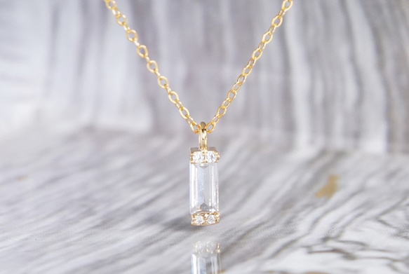 【14KGF】 Rectangle Crystal CZ Classical Necklace 2枚目の画像