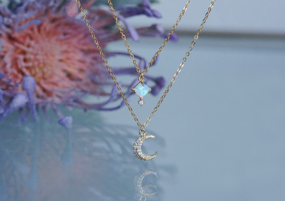 【14KGF】Tiny CZ White Opal Elegant Necklace 5枚目の画像