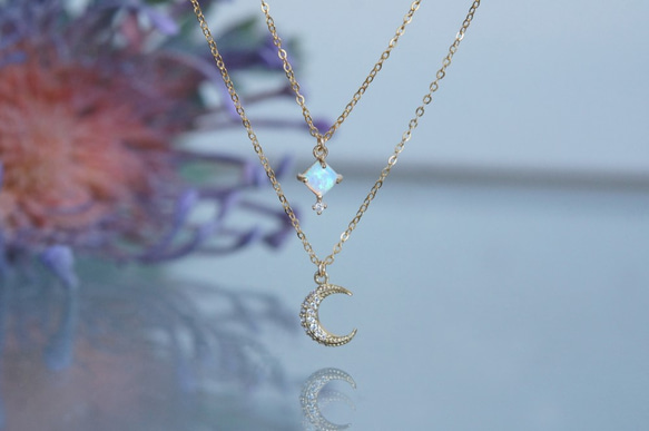 【14KGF】Tiny CZ White Opal Elegant Necklace 6枚目の画像