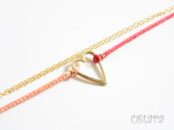 Bijou Bracelet/Red&Pink Satin with 16K Gold Plated Heart 1枚目の画像