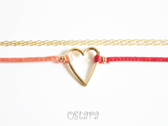 Bijou Bracelet/Red&Pink Satin with 16K Gold Plated Heart 2枚目の画像